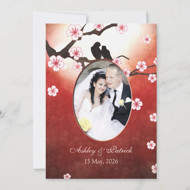 Invitación Añade tu foto Flor de cerezo Sakura Aves Amor Noso (Anverso)