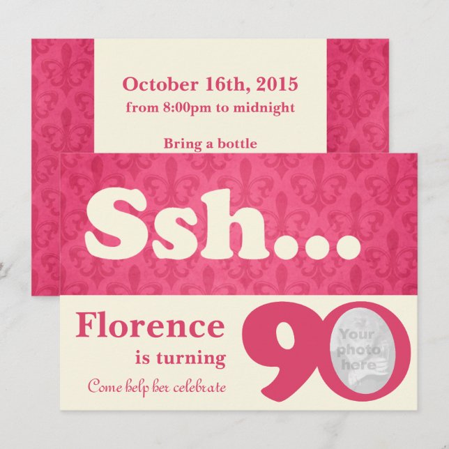 Invitación Añade tu foto sorpresa de ssh 90th cumpleaños (Anverso / Reverso)