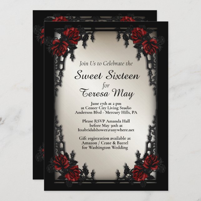 Invitación Añadir foto Rojo Rosa Gótico Sweet 16 Iron Gate Go (Anverso / Reverso)