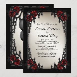 Invitación Añadir foto Rojo Rosa Gótico Sweet 16 Iron Gate Go