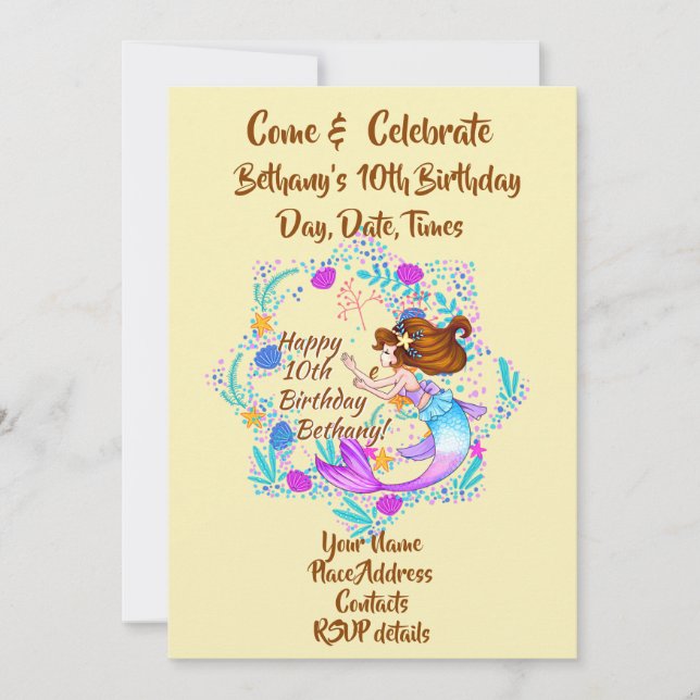 Invitación Añadir nombre a Mauve de sirena de pelo marrón a F (Anverso)