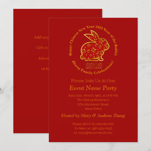 Invitación Añadir nombre oro de conejo chino de año nuevo 202