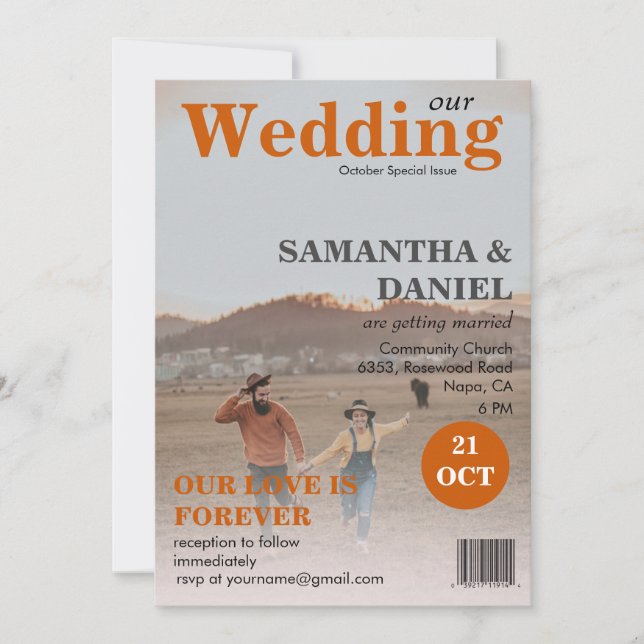 Invitación Añadir tu Boda de Naranja quemado de 2 revistas fo (Anverso)