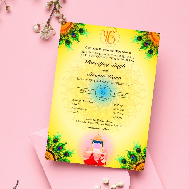 Invitación Anand Karaj Boda de Punjabi Sikh Peacock Feather (Subido por el creador)