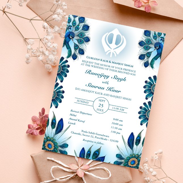 Invitación Anand Karaj Boda de Punjabi Sikh Peacock Feather (Subido por el creador)