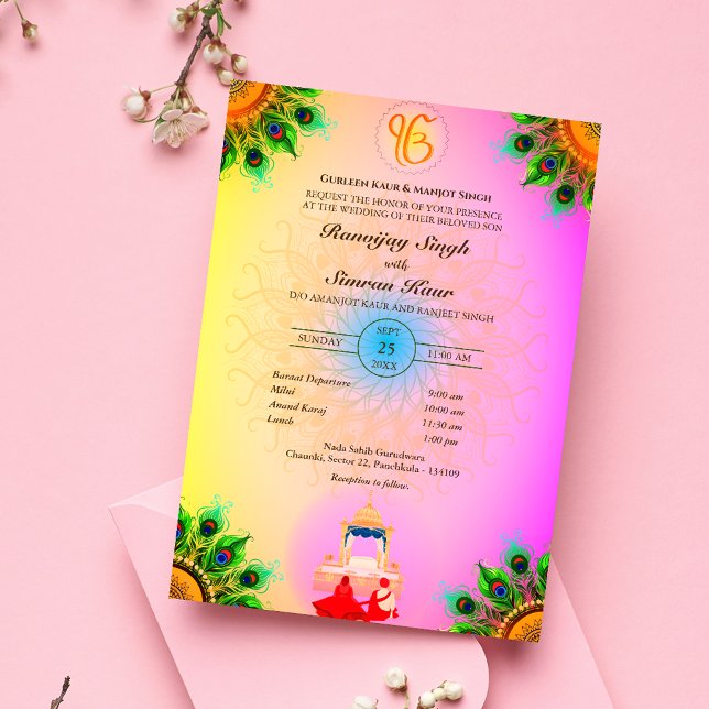 Invitación Anand Karaj Boda de Punjabi Sikh Peacock Feather (Subido por el creador)
