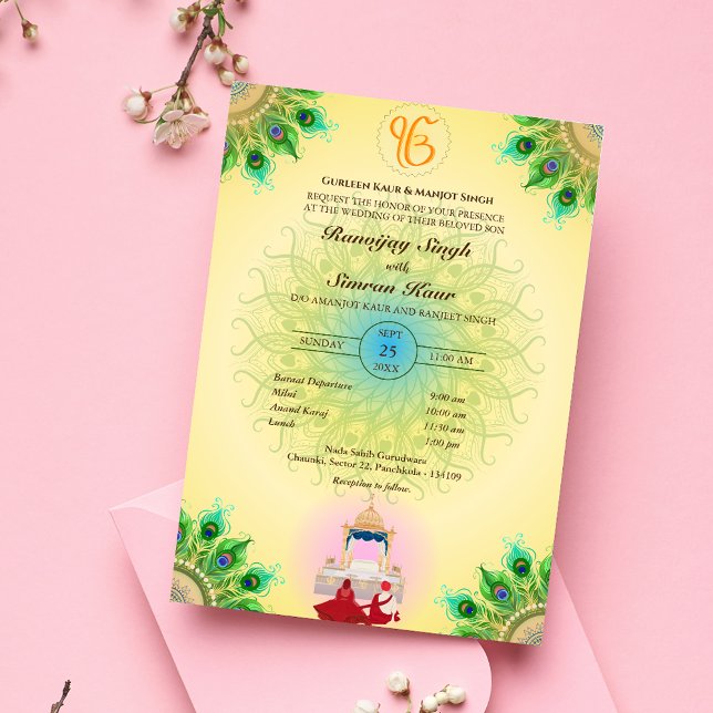 Invitación Anand Karaj Boda de Punjabi Sikh Peacock Feather (Subido por el creador)