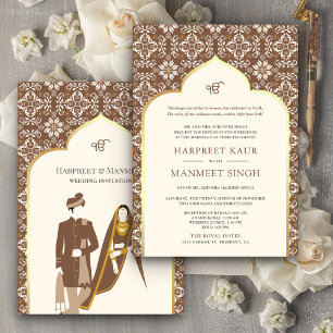 Invitación Anand Karaj Boda Sikh Patrón Marrón Marfil