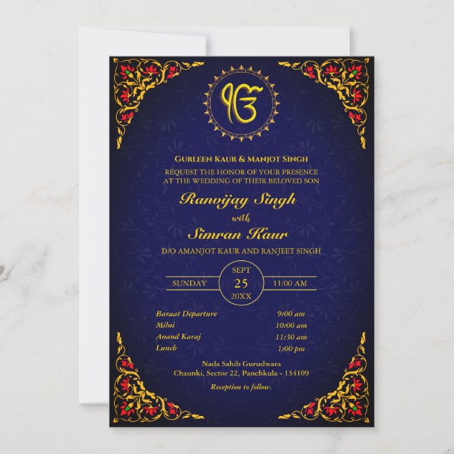 Invitación Anand Karaj Golden Boda punjabi sikh (Anverso)