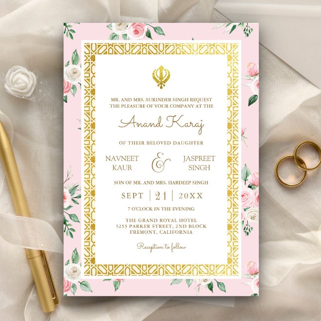 Invitación Anand Karaj Punjabi Boda sikh de floral rosa Rubor (Subido por el creador)