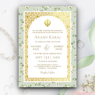Invitación Anand Karaj Punjabi Sikh de Boda Floral Verde Ment