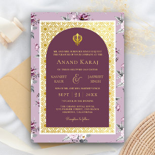 Invitación Anand Karaj Sij Punjabi de Boda Floral Púrpura