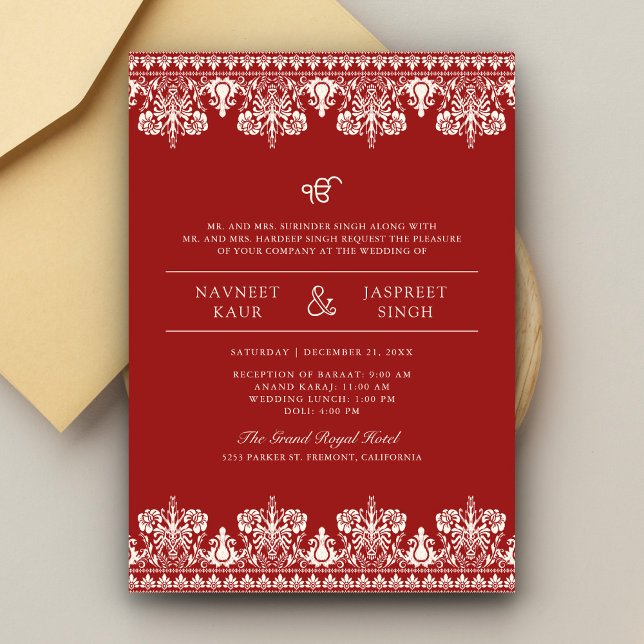 Invitación Anand Karaj Sikh Boda de la frontera de Marfil Roj (Subido por el creador)