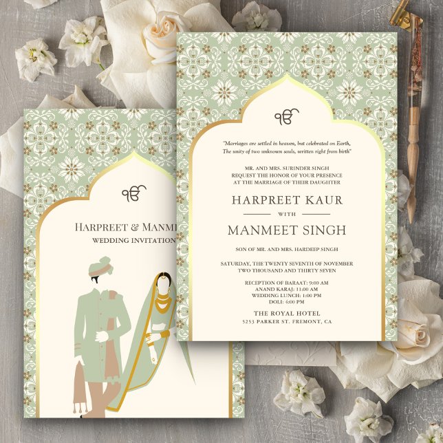 Invitación Anand Karaj Sikh Boda Patrón Verde Menta Marfil (Subido por el creador)