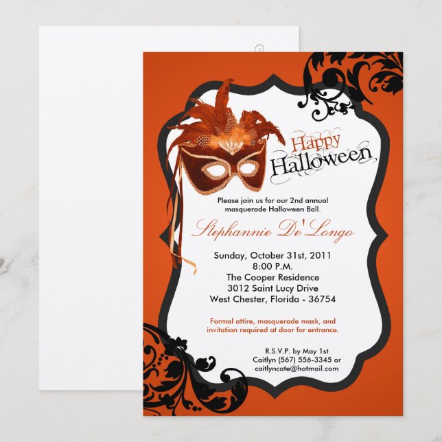 invitación anaranjada de Halloween de la máscara (Anverso / Reverso)