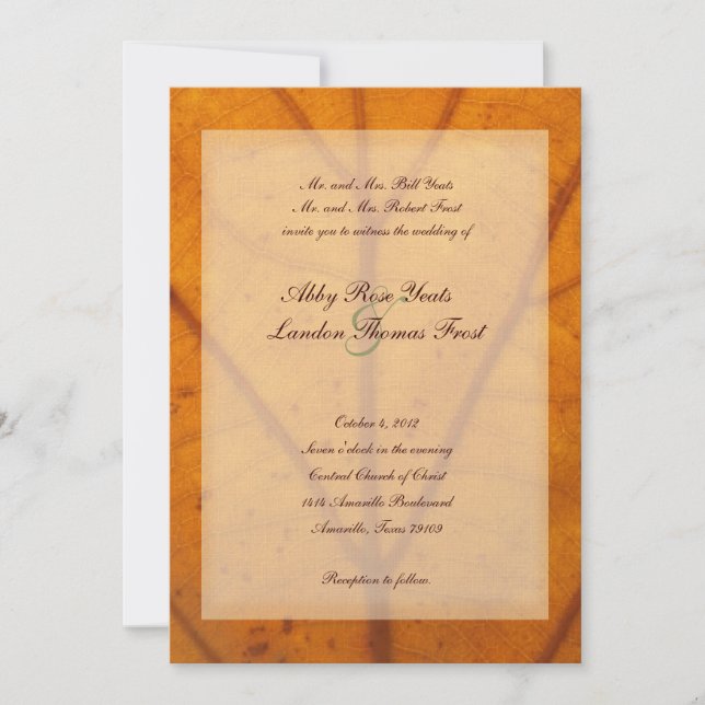 Invitación anaranjada de la boda de la hoja de la (Anverso)