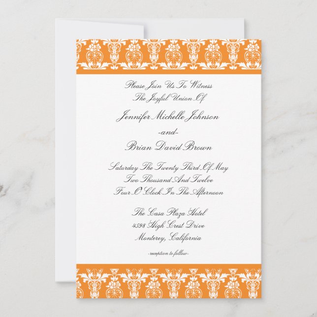 Invitación anaranjada vibrante de la boda del (Anverso)