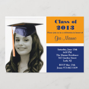 Invitación anaranjada y azul de la graduación de