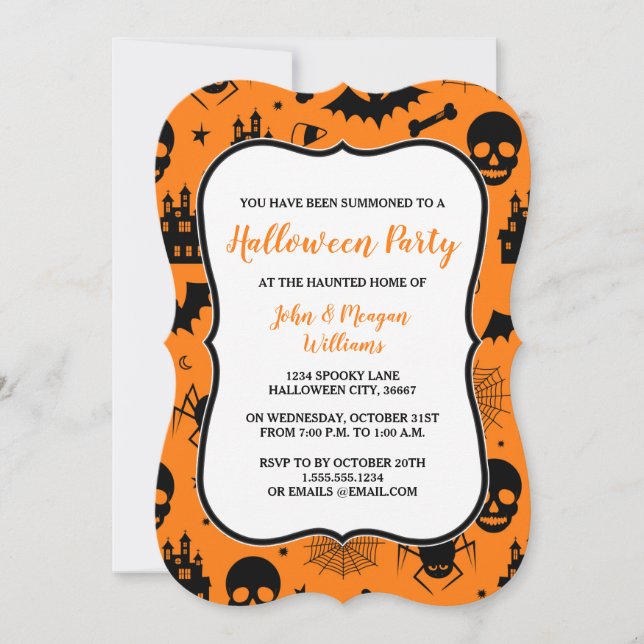Invitación anaranjada y negra del fiesta de (Anverso)