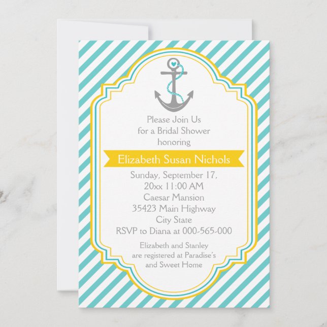 Invitación Anchor aqua, boda náutico amarillo ducha de novia (Anverso)