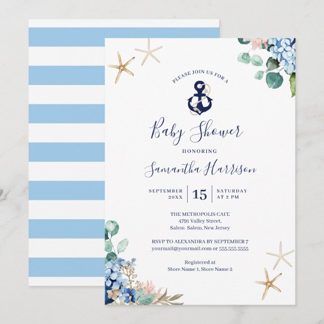 Invitación Anchor Blue Beach Nautical Floral Baby Shower (Anverso / Reverso)