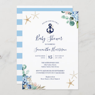 Invitación Anchor Blue Beach Nautical Floral Baby Shower