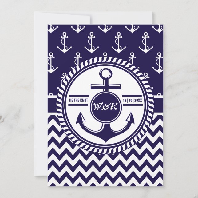 Invitación Anchor Chevron, Boda de barcos con temática náutic (Anverso)