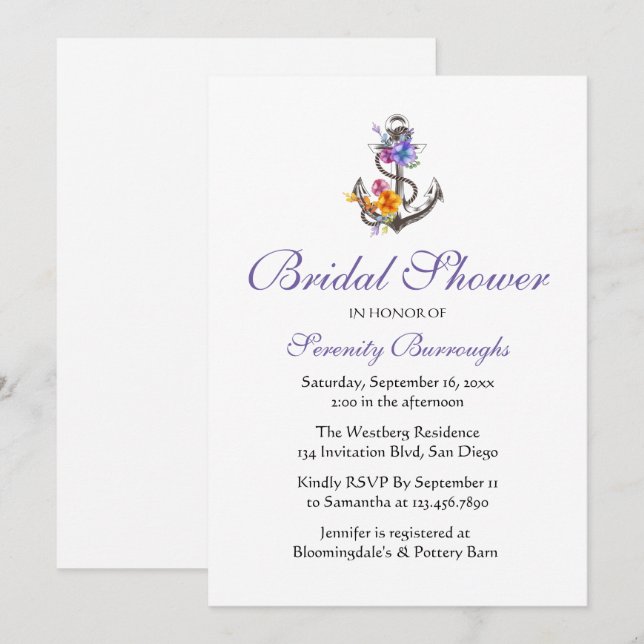 Invitación Anchor floral Morado Playa Náutica Ducha De Novias (Anverso / Reverso)