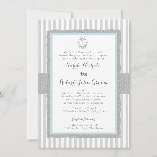 Invitación Anchor Gray Stripes Beach Wedding (Anverso)