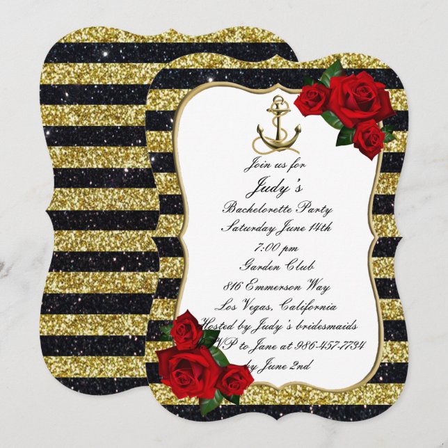 Invitación Anchor nautico Banda negra Bachelorette (Anverso / Reverso)