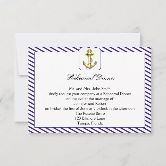 Invitación Anchor náutico en la cena de ensayo de Boda azul (Anverso)