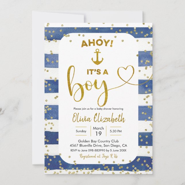 Invitación Anchor Navy Blue and Gold Stripes It's a Boy (Anverso)