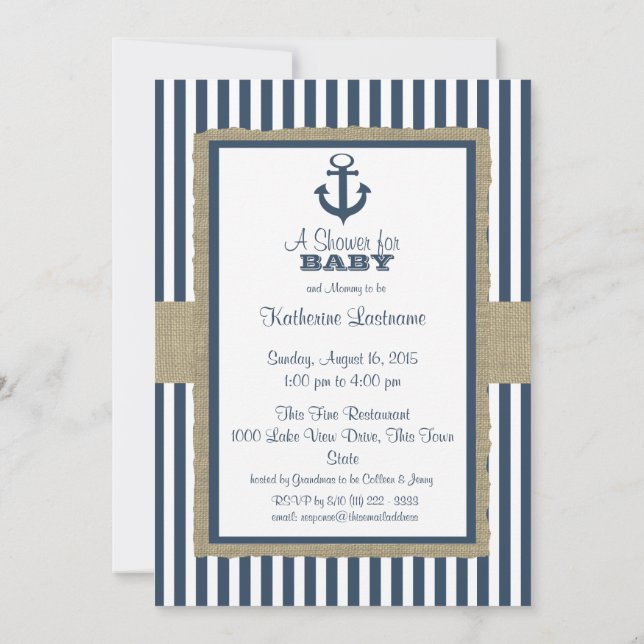 Invitación Anchor Navy Blue Stripes Baby Shower (Reverso)