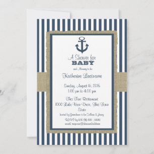 Invitación Anchor Navy Blue Stripes Baby Shower