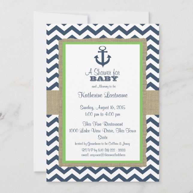 Invitación Anchor Navy Blue ZigZag Baby Shower (Reverso)
