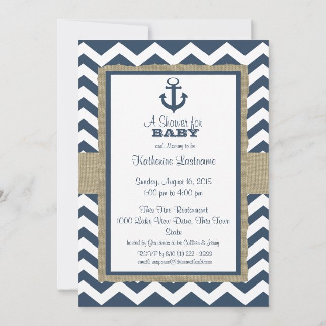 Invitación Anchor Navy Blue Zigzag Baby Shower (Reverso)