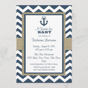 Invitación Anchor Navy Blue Zigzag Baby Shower