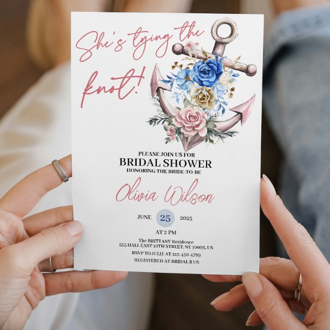 Invitación Anchor Tying the Knot Nautical Bridal Shower  (nautical bridal shower cute pink destination elegant modern tropical coastal beachy classic roses )