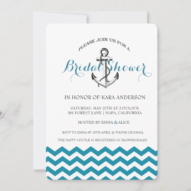 Invitación Anchor Verde azulado Chevron Azul Nautical Bridal  (Anverso)