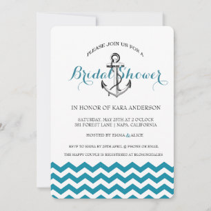 Invitación Anchor Verde azulado Chevron Azul Nautical Bridal
