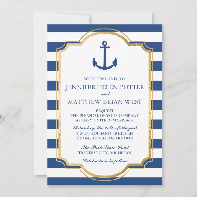 Invitación Anchored In Love II Nautical Anchor Stripe Boda (Anverso)