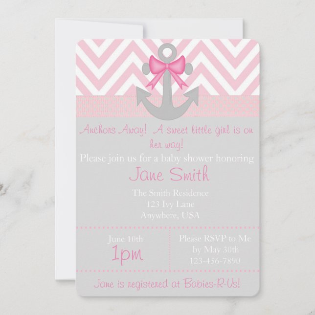 Invitación Anchors Away Chica Baby Shower (Anverso)