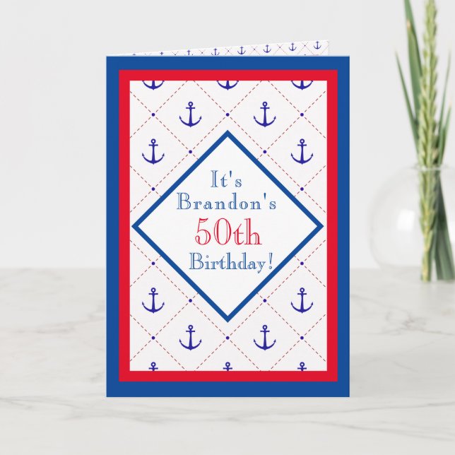 Invitación Anchors Away Red White Blue 50 cumpleaños (Anverso)