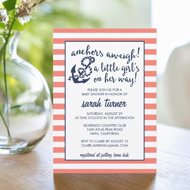 Invitación ¡Anchors Aweigh! Baby Shower Chica náutico coral (Subido por el creador)