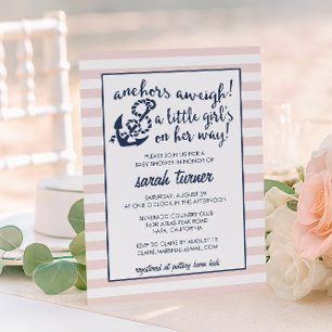Invitación ¡Anchors Aweigh! Baby Shower Chica rosado náutico