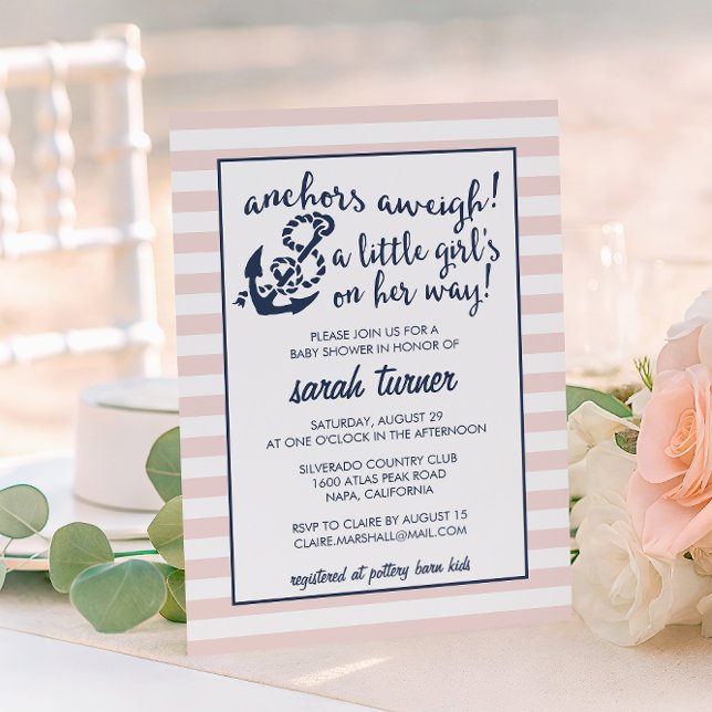 Invitación ¡Anchors Aweigh! Baby Shower Chica rosado náutico (Subido por el creador)