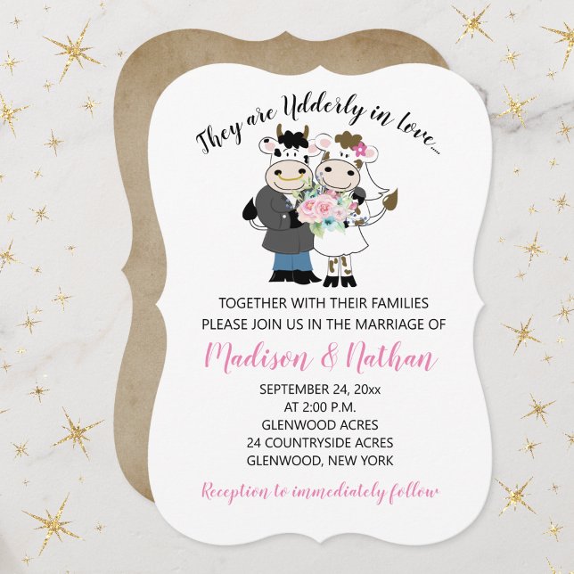 Invitación Ancianos en la novia de la vaca amorosa y Boda de  (Udderly In Love Cow Bull Cute Couples Wedding Invitation)