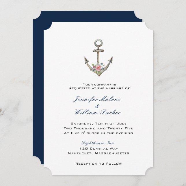 Invitación Ancla acuarela con flores boda  (Anverso / Reverso)