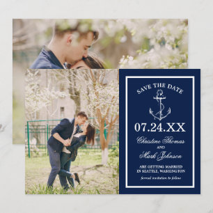 Invitación Ancla Azul Marino Náutico 2 Foto Guardar la Fecha