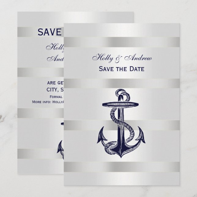 Invitación Ancla Azul Náutico Plata Peso BG V Save the Date (Anverso / Reverso)